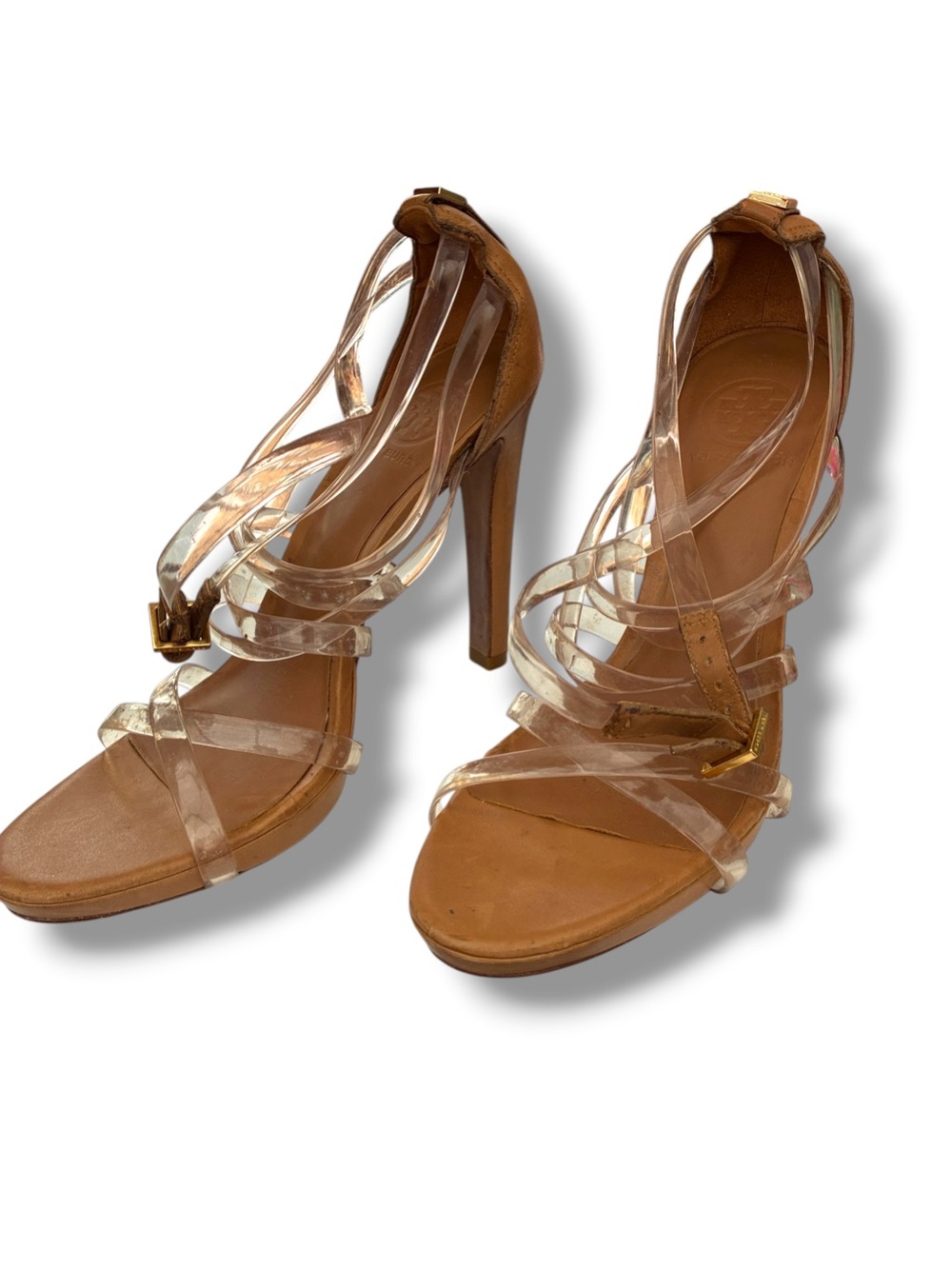 Tory Burch Shast clear strap stiletto heel sandals. Sz 8.5